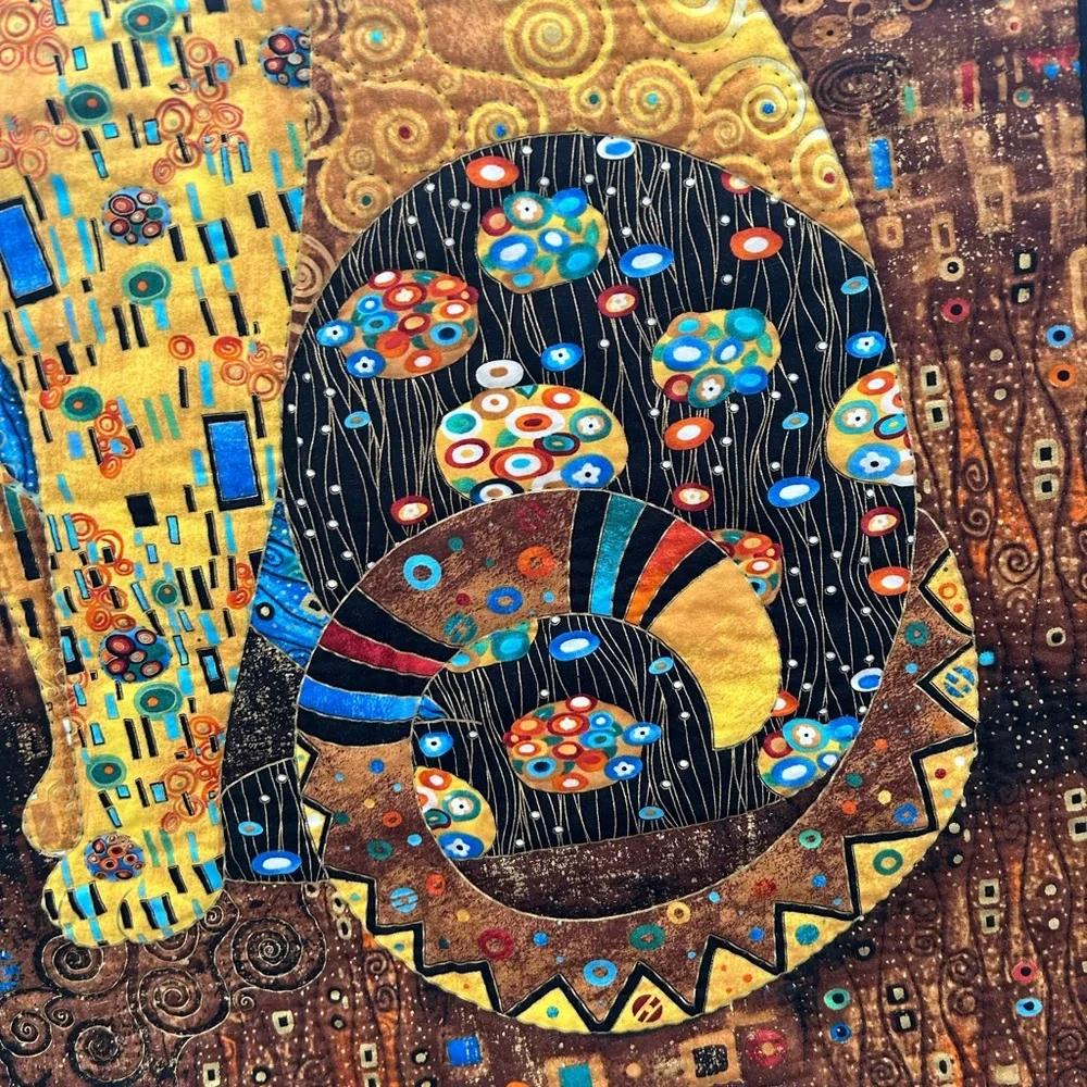 Hand Quilted Pre Printed Panel Klimt Inspired Cat Lap Quilt or Wall Hanging